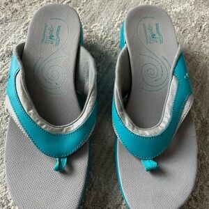 GRASSHOPPERS GET FIT WOMEN FLIP FLOPS Aqua & Silver Sz 10W WEDGES SANDALS Beach